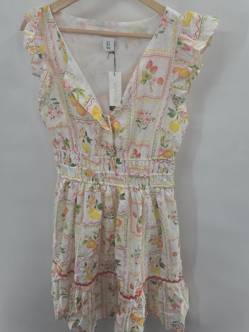 Rachel Zoe White Citrus Lemon Strawberrys Floral Ruffle Mini Dress Size 2